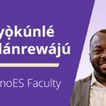 Ayokunle Olanrewaju headshot with text alongside that says NanoES faculty.