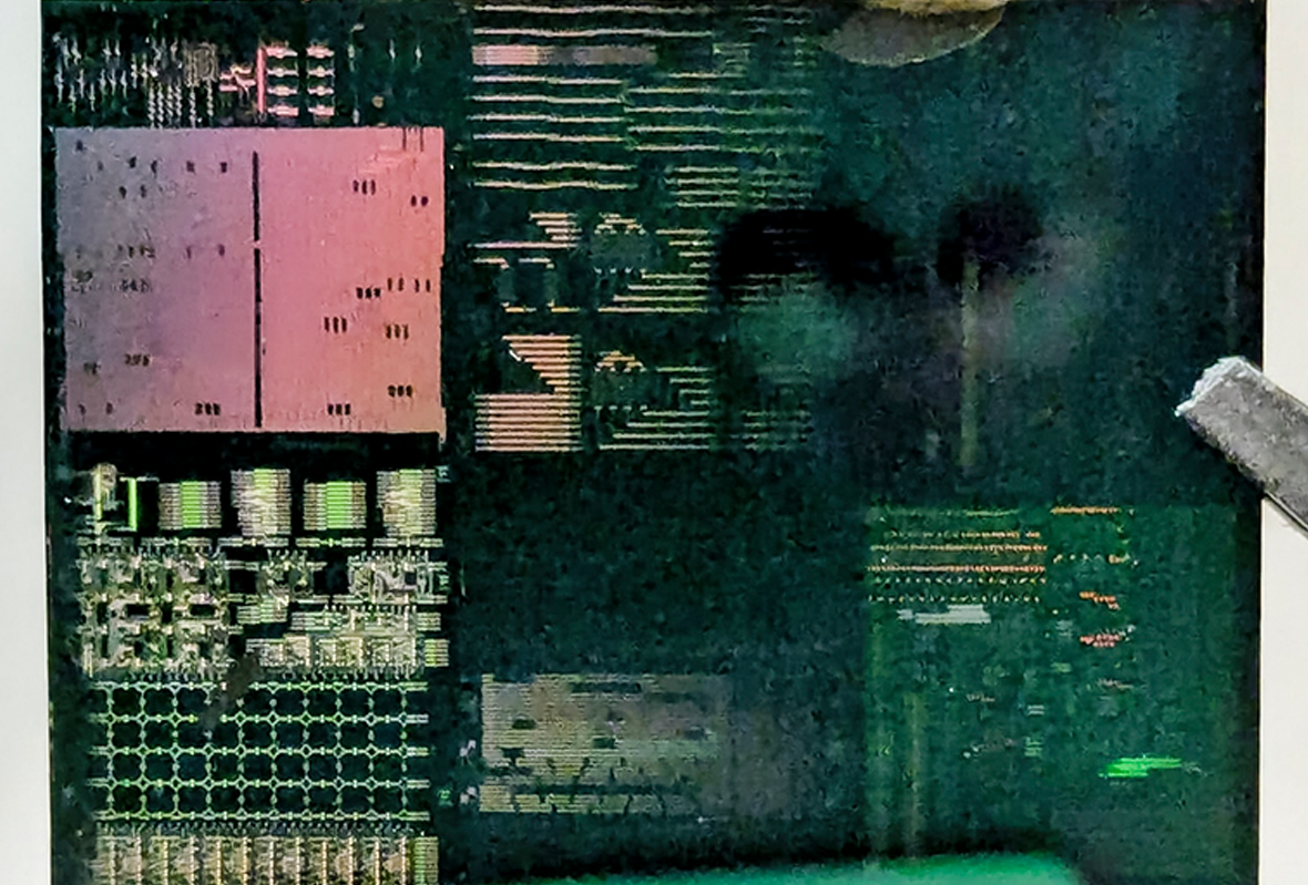 Closeup of programmable photonic integrated circuit.