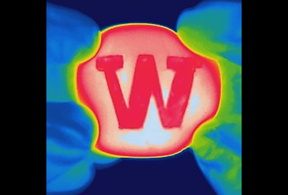 Thermal image of an organically shaped piece of material with a large University of Washington "W" on the front.